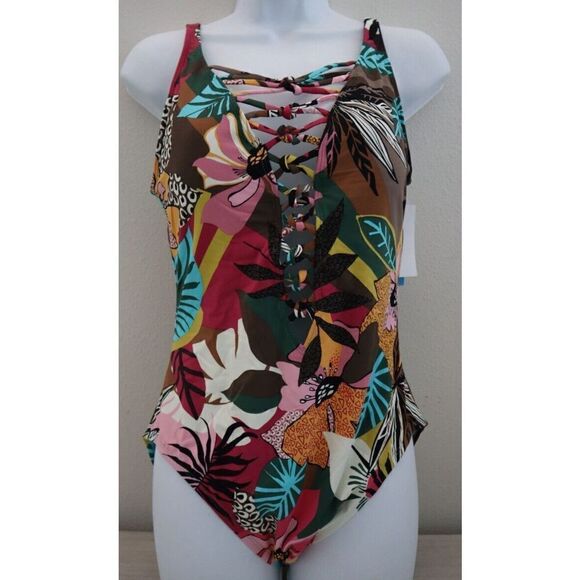 Bleu by Rod Beattie Sz 10 Multi Lace-Up Over-the-Shoulder 1-Piece Swimsuit $129 - Picture 1 of 16